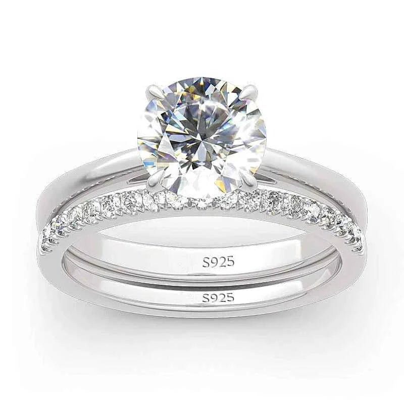 Conjunto de Anéis com Moissanite Brilhante 2ct em Prata 925, Lapidação Redonda, Moissanite Cor D VVS1 Certificada — Monlí