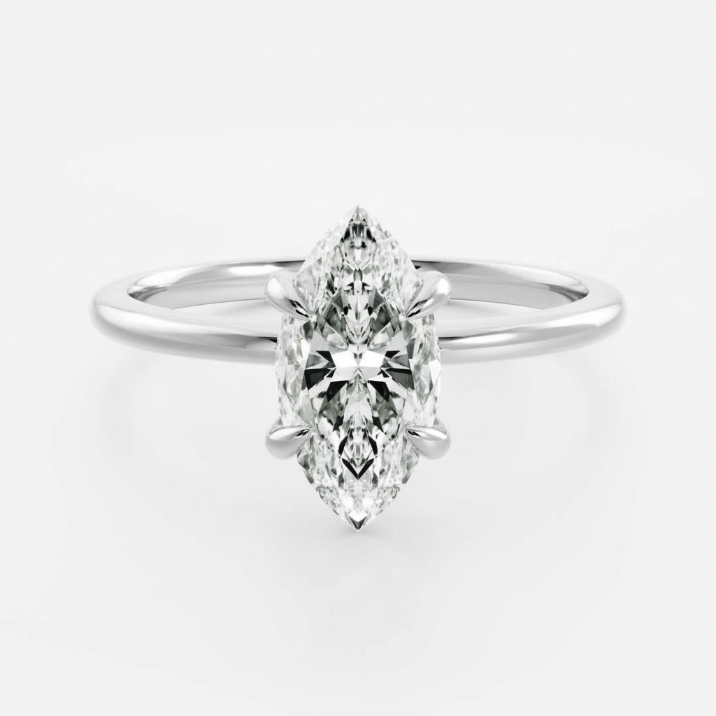 Conjunto de Anéis com Moissanite Solitário Marquise / Navette 3,3ct em Prata 925, Lapidação Excelente, Moissanite Cor D VVS1 Certificada — Monlí