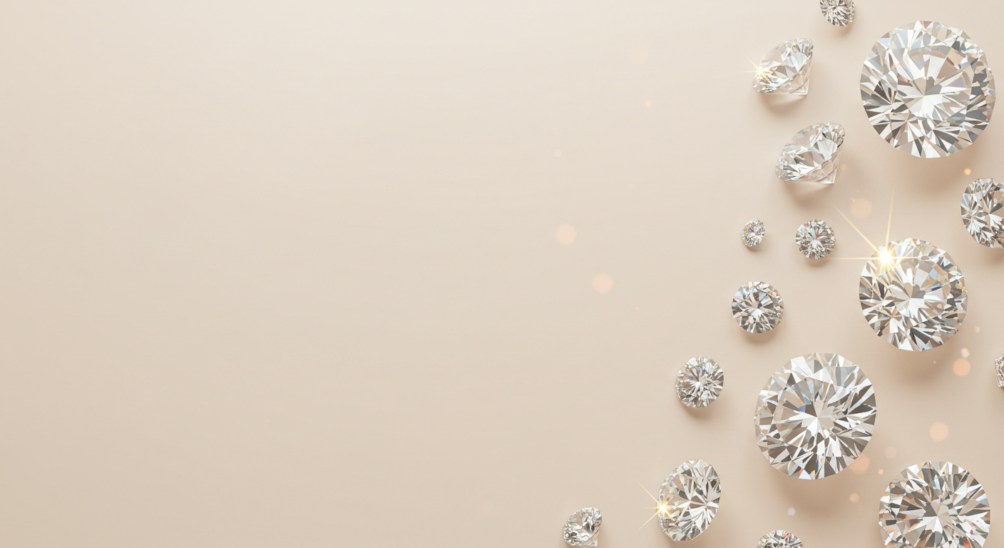 Pedras de moissanite lapidadas em fundo bege claro, representando brilho e pureza das joias