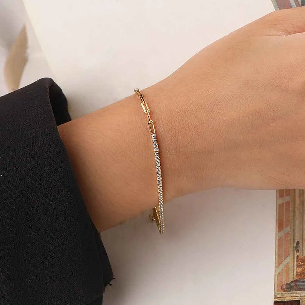 Pulseira Riviera Moissanite 2mm – Prata 925 Banhada a Ouro 18k com Elos – Monlí