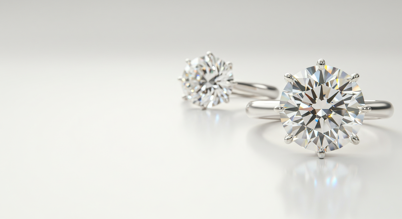 Comparação diamante e moissanite em prata 925 com banho de ródio, com fundo neutro e elegante
